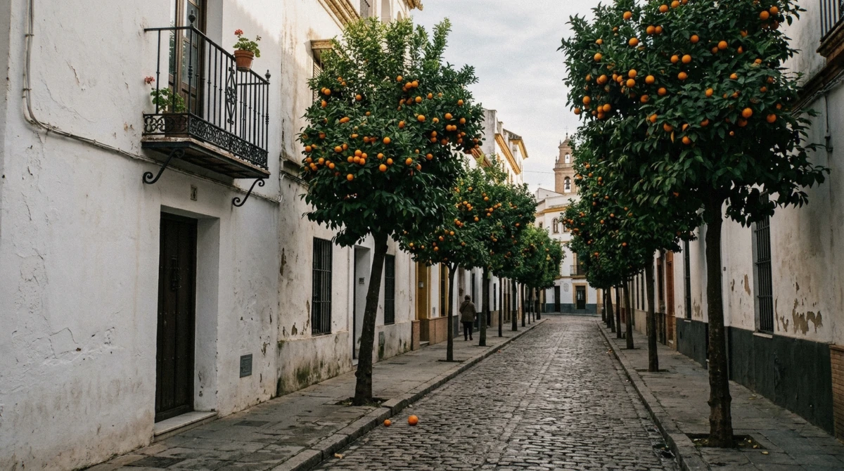 Bitter orange trees in a Seville street in winter, the citrus season in Andalusia