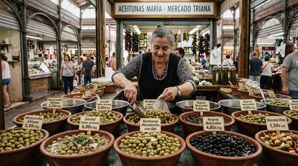 Olives sold by the scoop at a stall inside Mercado de Triana in Seville