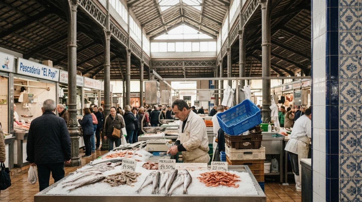 Fish and produce stalls under the iron roof of Mercado de Triana, Seville's Triana food market